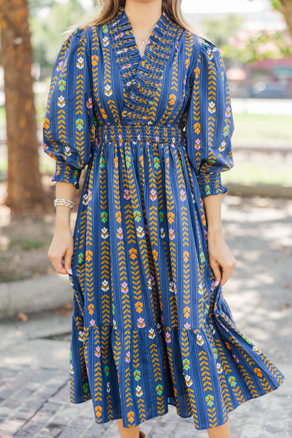 Petals In The Wind Navy Floral Striped Midi Dress