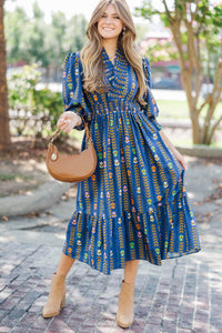 Petals In The Wind Navy Floral Striped Midi Dress