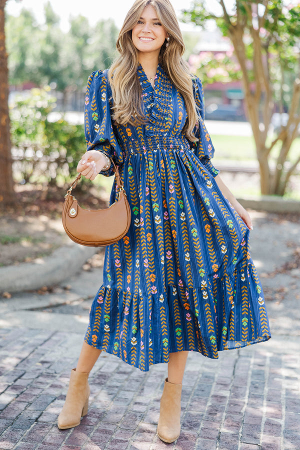Petals In The Wind Navy Floral Striped Midi Dress