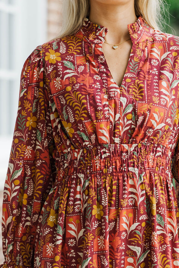 Gracefully As She Goes Burgundy Floral Midi Dress