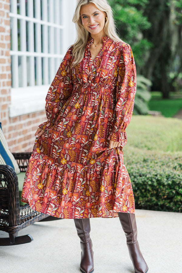 burgundy floral midi dress Burgundy Floral Print Cowl Neck Midi Dress | Womens | X-Small (Available in M, L) | 100% Polyester | Lulus