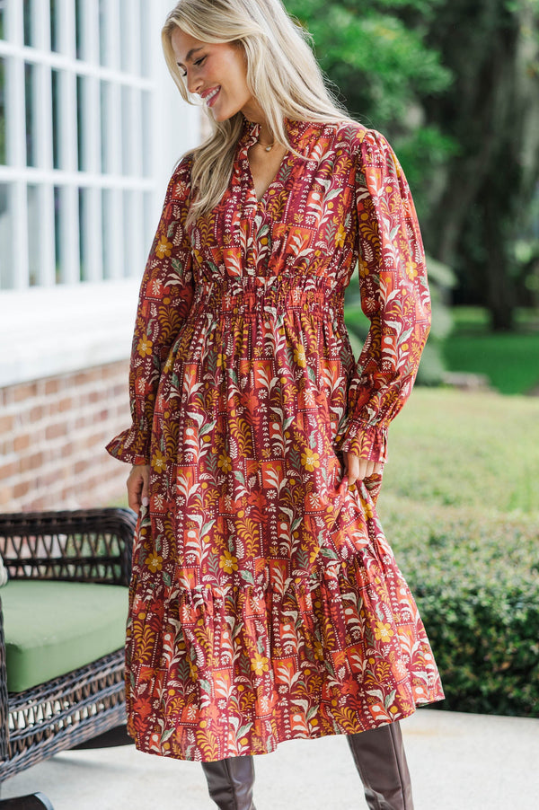Gracefully As She Goes Burgundy Floral Midi Dress