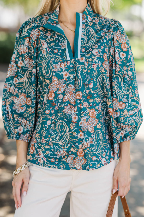 Playful With You Teal Floral Blouse