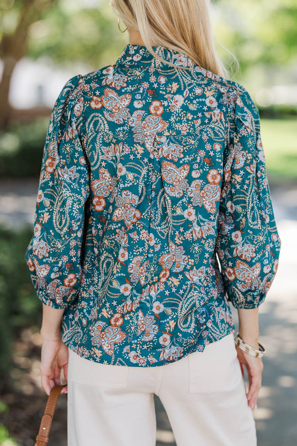 Playful With You Teal Floral Blouse