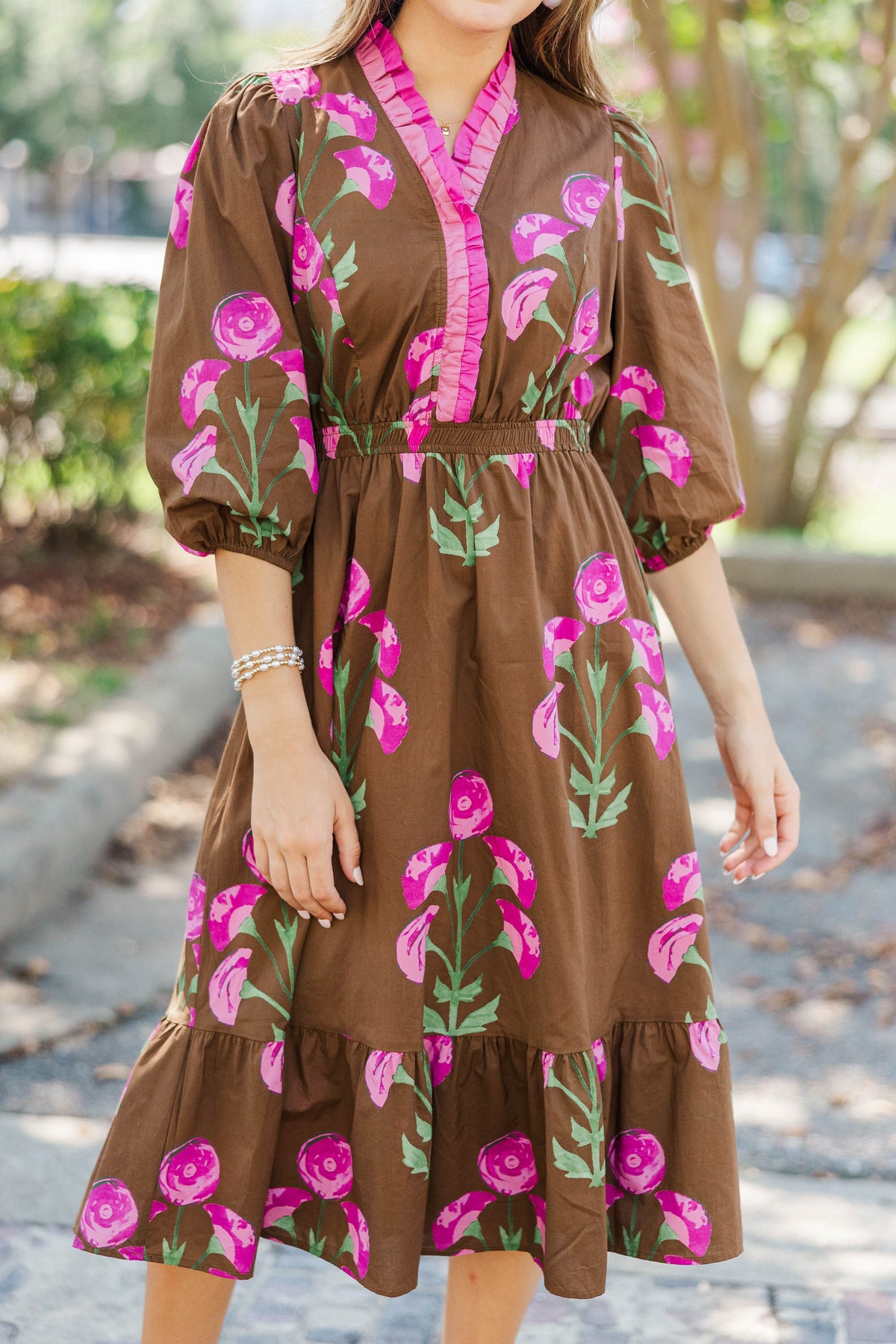 Rustic Romance Brown Floral Midi Dress – Shop the Mint