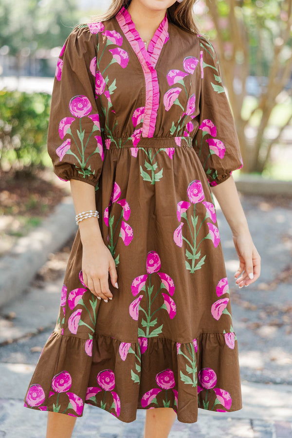 Rustic Romance Brown Floral Midi Dress – Shop the Mint