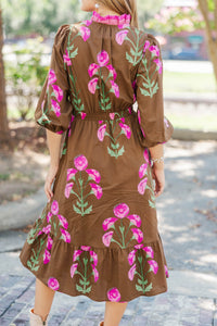 Rustic Romance Brown Floral Midi Dress