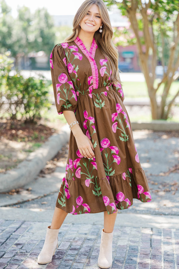 Rustic Romance Brown Floral Midi Dress