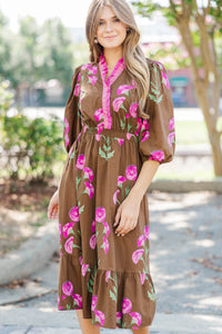 Rustic Romance Brown Floral Midi Dress