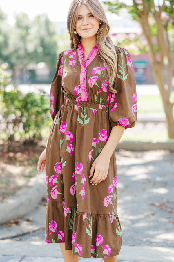 Rustic Romance Brown Floral Midi Dress
