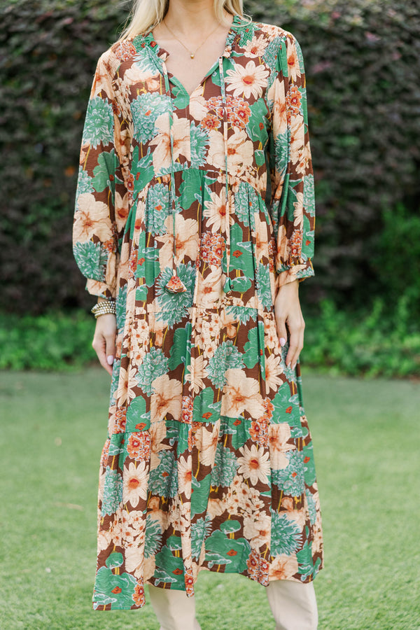 Wildflower Whimsy Brown Floral Midi Dress