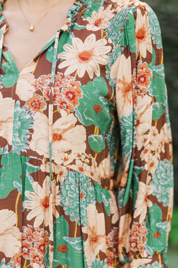 Wildflower Whimsy Brown Floral Midi Dress