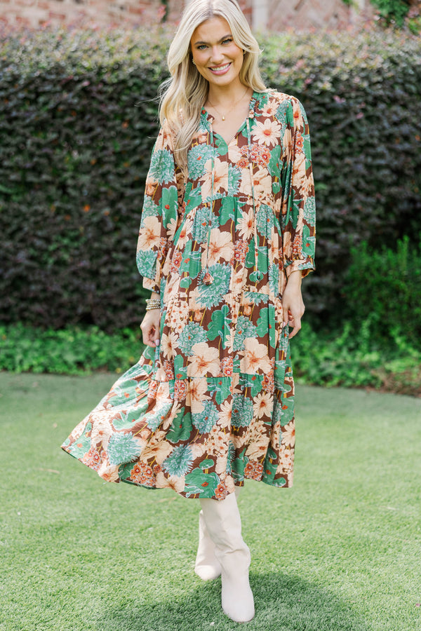 Wildflower Whimsy Brown Floral Midi Dress