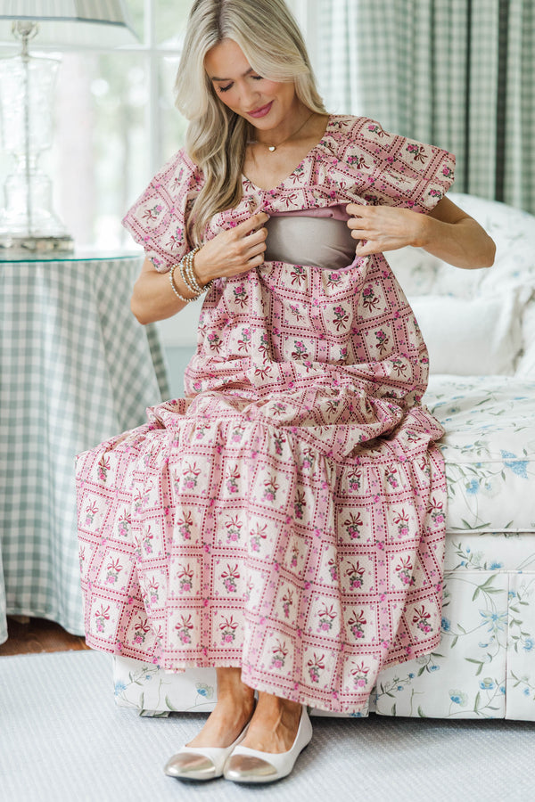 NURSING COLLECTION: Falling In Love Mauve Bow Print Maxi Dress