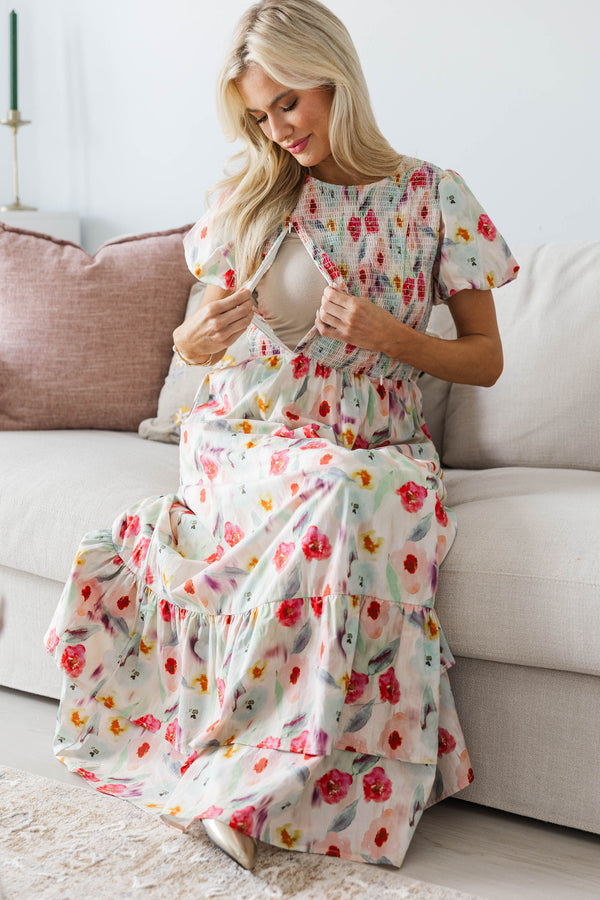 NURSING COLLECTION: Make The Right Choice Cream Watercolor Maxi Dress