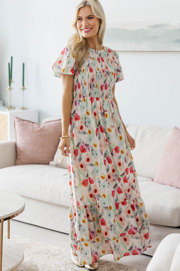 NURSING COLLECTION: Make The Right Choice Cream Watercolor Maxi Dress