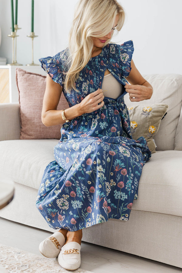 NURSING COLLECTION: Learn From The Best Navy Floral Smocked Dress