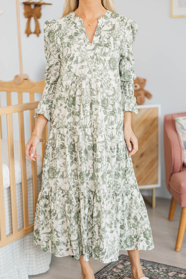 NURSING COLLECTION: What A Surprise Olive Toile Midi Dress