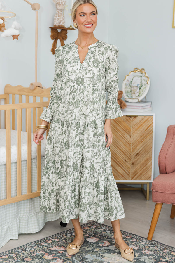 NURSING COLLECTION: What A Surprise Olive Toile Midi Dress