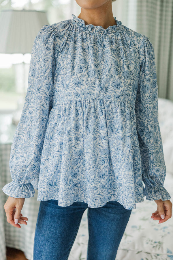 NURSING COLLECTION: Making Moves Blue Poplin Ruffled Blouse