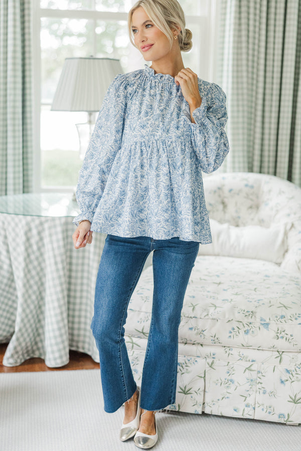 NURSING COLLECTION: Making Moves Blue Poplin Ruffled Blouse