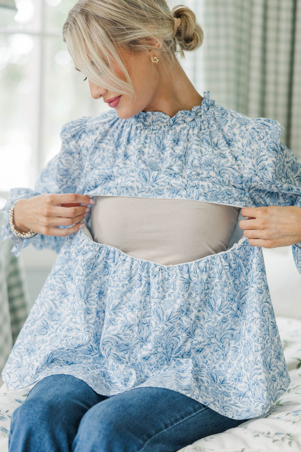 NURSING COLLECTION: Making Moves Blue Poplin Ruffled Blouse