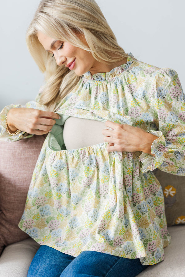 NURSING COLLECTION: Making Moves Sage Cotton Poplin Ruffled Blouse