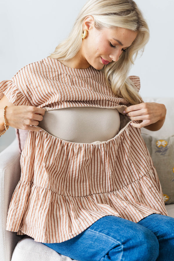 NURSING COLLECTION: Hear Your Call Brown Striped Babydoll Top