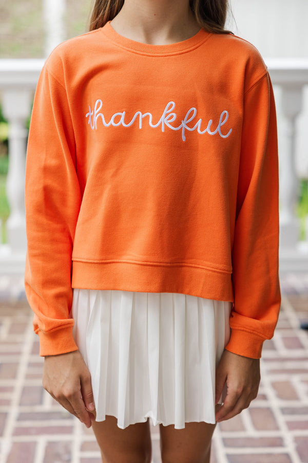 Girls: Thankful Orange Embroidered Graphic Sweatshirt