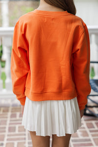 Girls: Thankful Orange Embroidered Graphic Sweatshirt