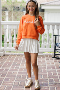 Girls: Thankful Orange Embroidered Graphic Sweatshirt