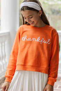 Girls: Thankful Orange Embroidered Graphic Sweatshirt