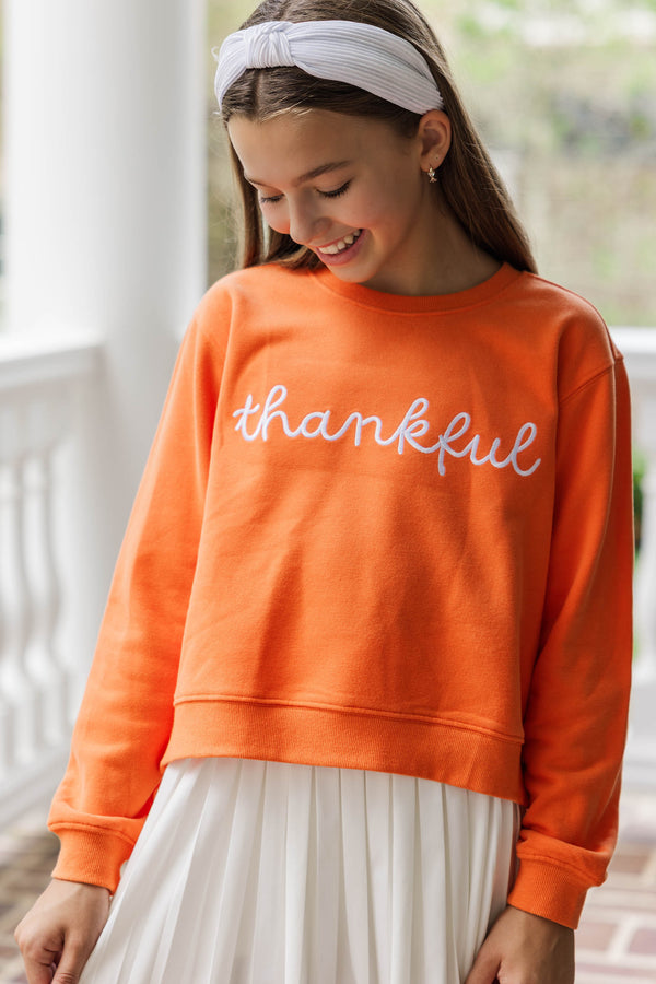 Girls: Thankful Orange Embroidered Graphic Sweatshirt