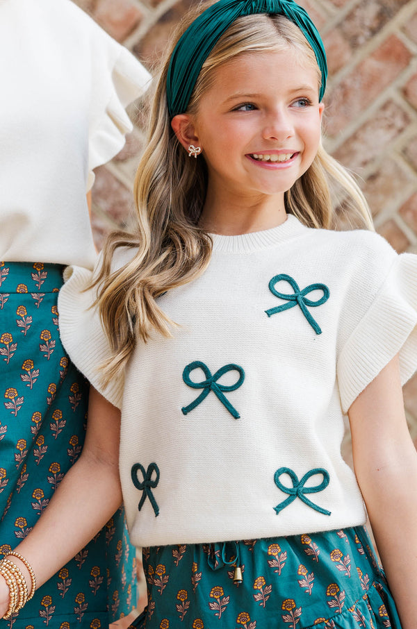 Girls: Pine And Proper Emerald Bow Sweater