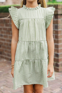 Girls: Evergreen Moments Olive Green Gingham Babydoll Dress