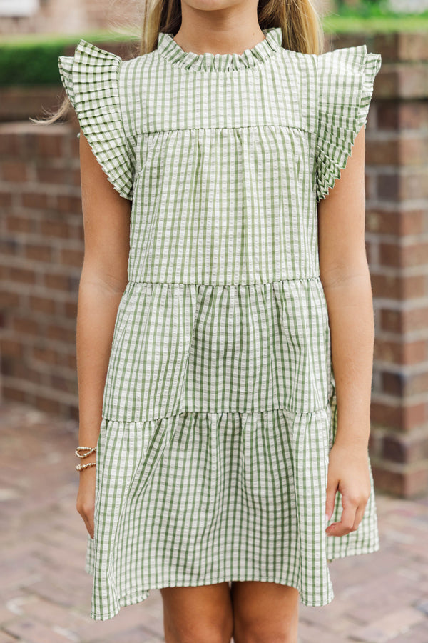 Girls: Evergreen Moments Olive Green Gingham Babydoll Dress