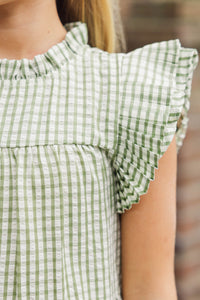 Girls: Evergreen Moments Olive Green Gingham Babydoll Dress
