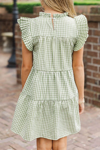 Girls: Evergreen Moments Olive Green Gingham Babydoll Dress