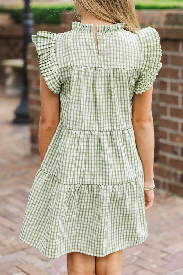 Girls: Evergreen Moments Olive Green Gingham Babydoll Dress