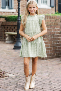 Girls: Evergreen Moments Olive Green Gingham Babydoll Dress