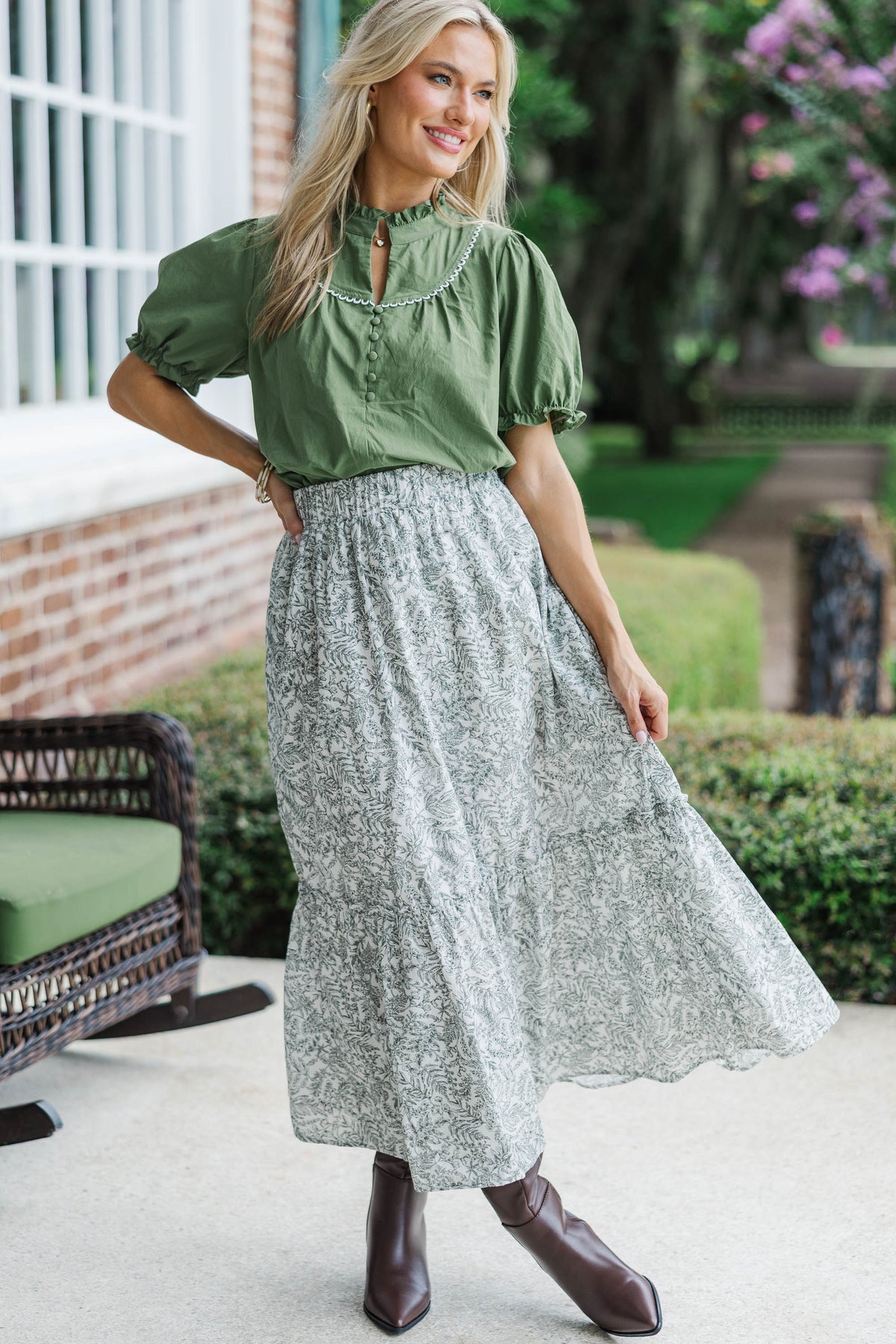 Evergreen Moments Olive Toile Midi Skirt – Shop the Mint