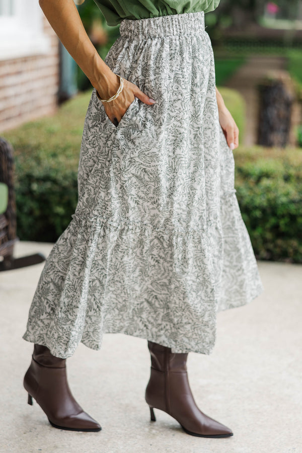 Evergreen Moments Olive Toile Midi Skirt