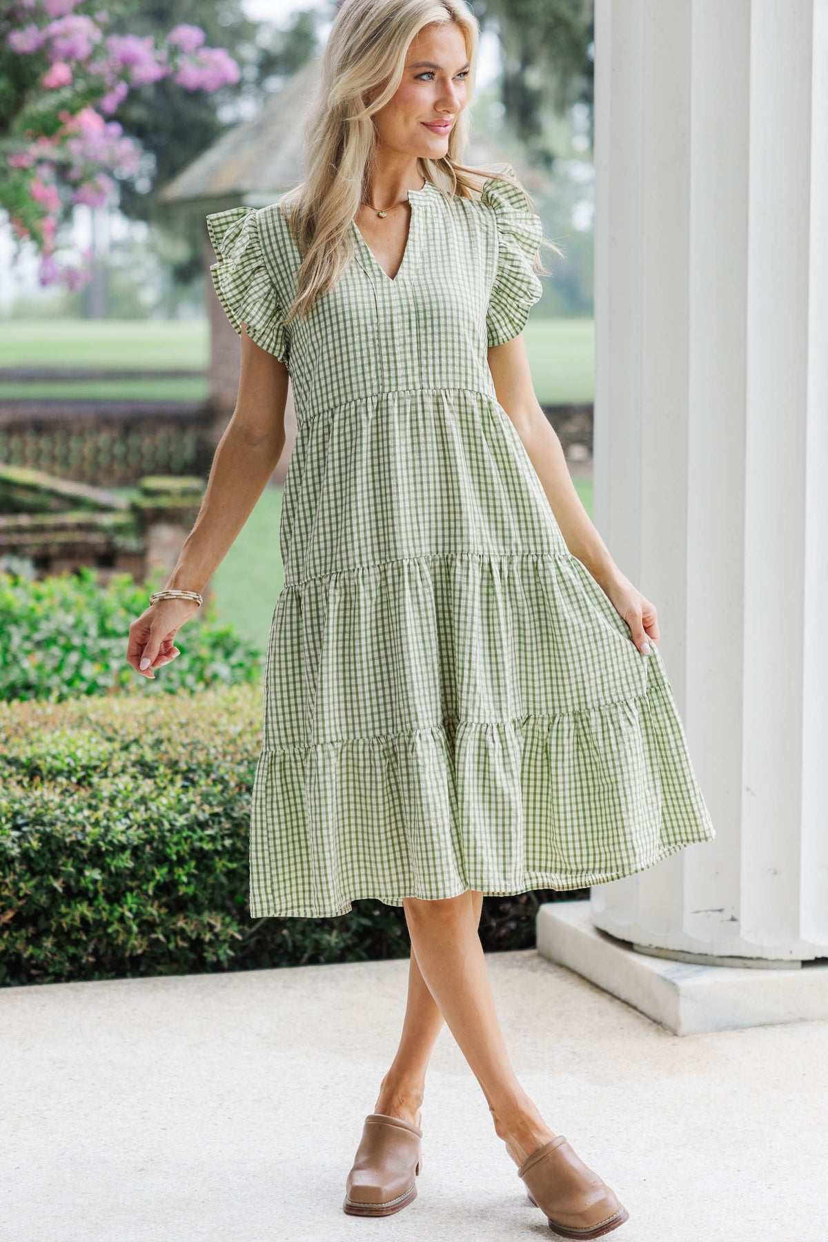 midi gingham dress Pink Corset Flattering tied waist Evergreen Moments Olive Gingham Midi