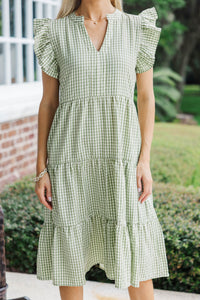 Evergreen Moments Olive Gingham Midi Dress