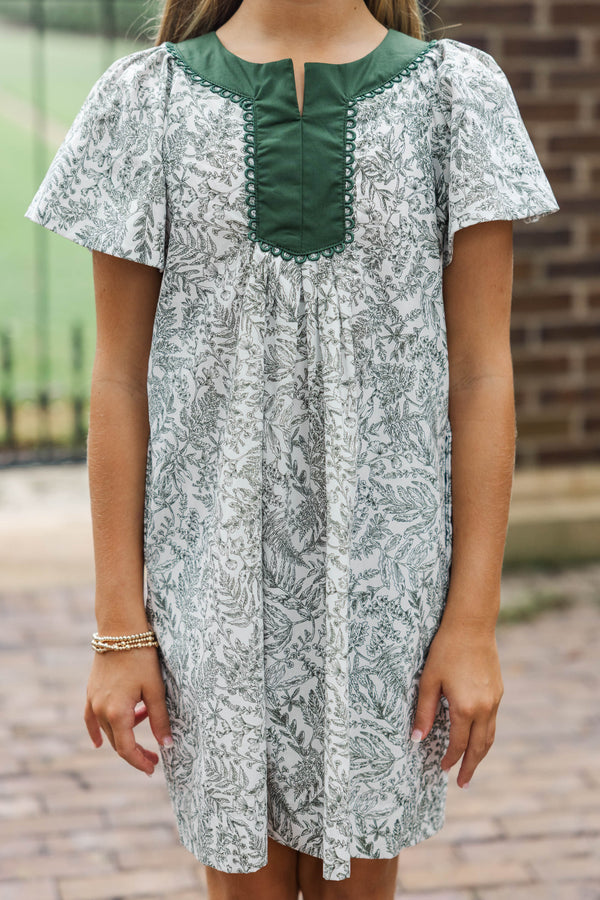 Girls: Evergreen Moments Olive Toile Babydoll Dress