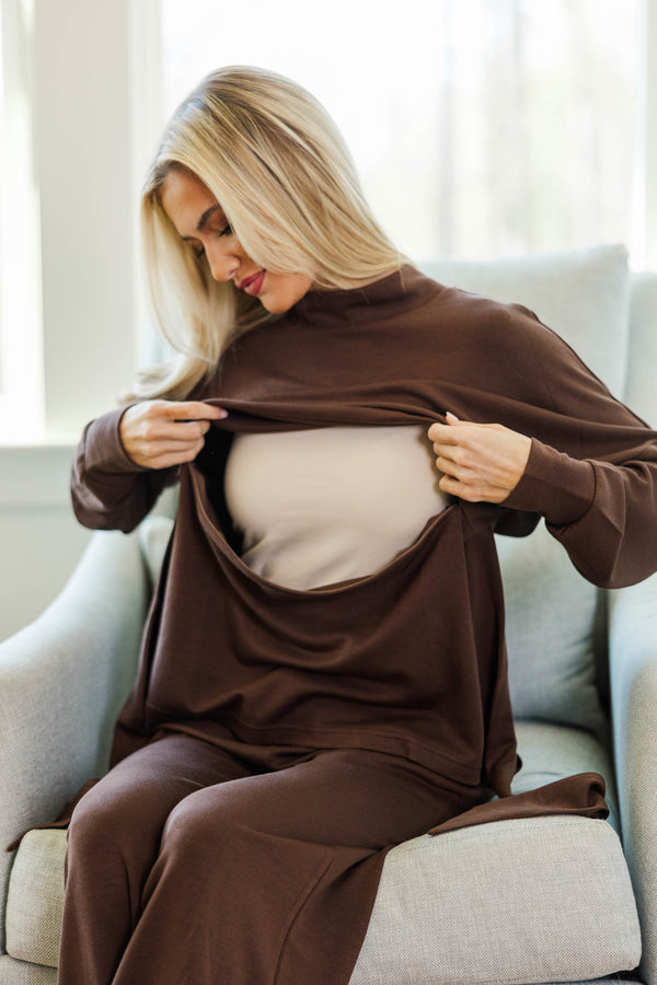 NURSING COLLECTION: Better With Me Brown Funnel Neck Sweatshirt