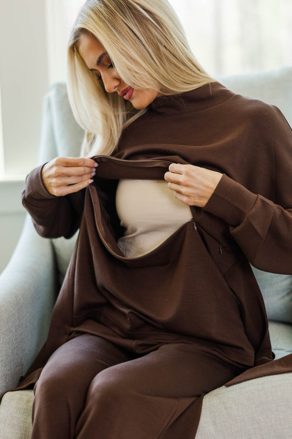 NURSING COLLECTION: Better With Me Brown Funnel Neck Sweatshirt