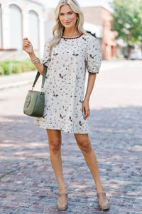 The Subtle Bloom Taupe Embroidered Shift Dress