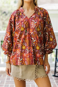 Burgundy Bouquet Long Sleeve Blouse