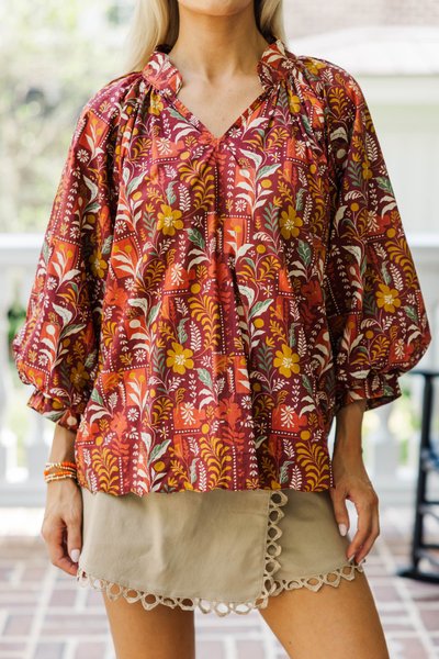 Burgundy Bouquet Long Sleeve Blouse